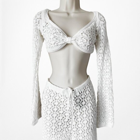 Nakd White Crochet Long Sleeve Crop Top Flared Pants Two Piece Set Size XS/S - Picture 6 of 7